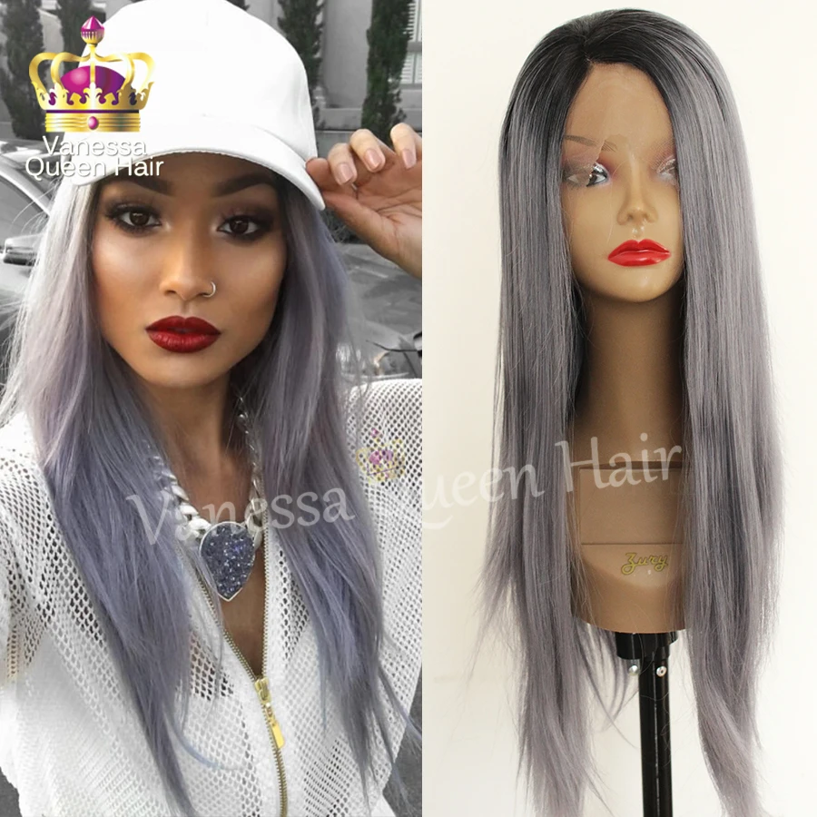 

Two Tones Synthetic Lace Front Wig Gray Grey Silver Ombre Wavy Wigs Dark Roots Heat Resistant Fiber Hair wigs For Black Women