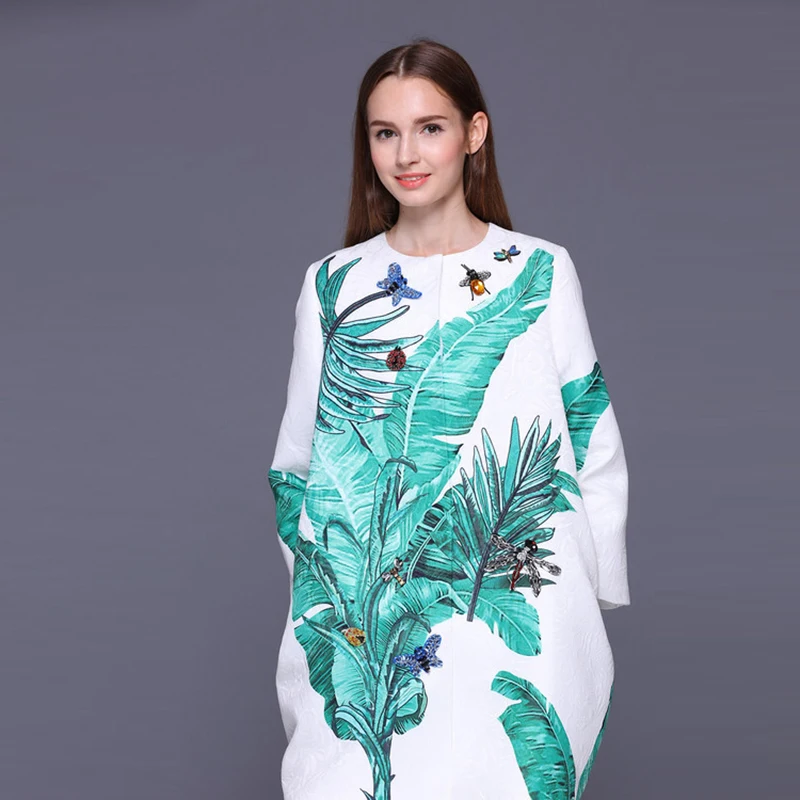 

HIGH QUALITY Newest 2017 Fall Winter Runway Designer Trench Women's Banana Leaves Print Jacquard Crystal Beading Trench Coat