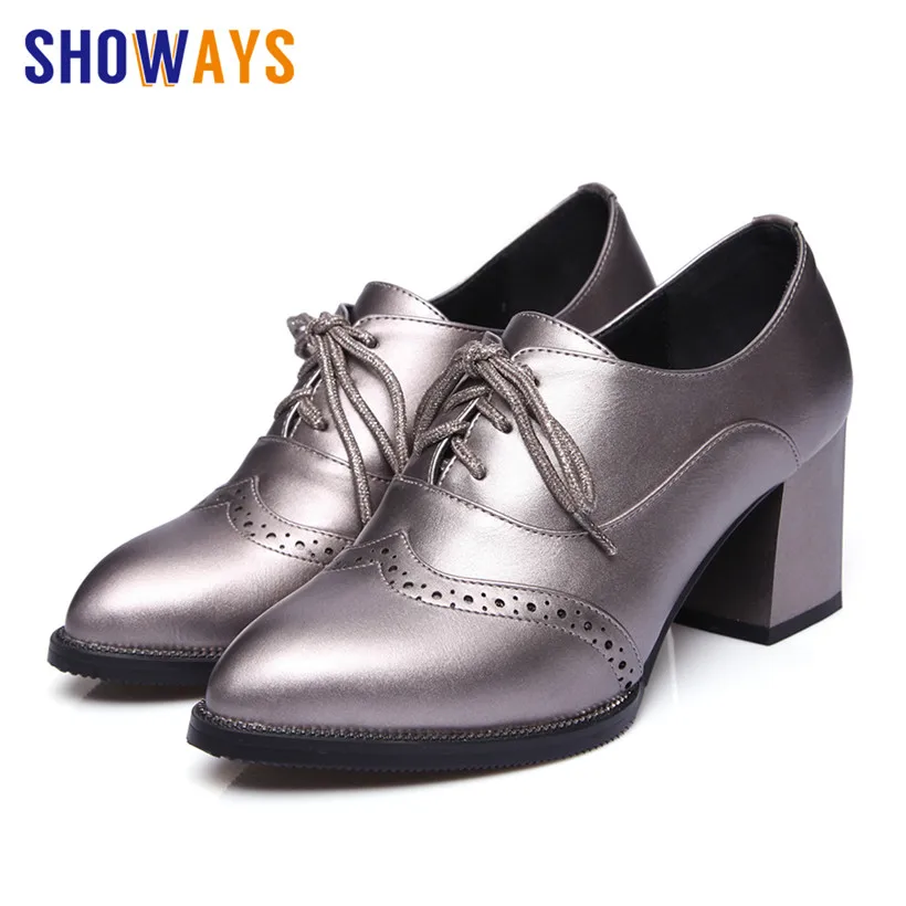 

British Women Oxfords Red PU Leather 7cm High Square Block Heel Pointed Toe Pumps Retro Brogues Casual Lady Lace-up Dress Shoes