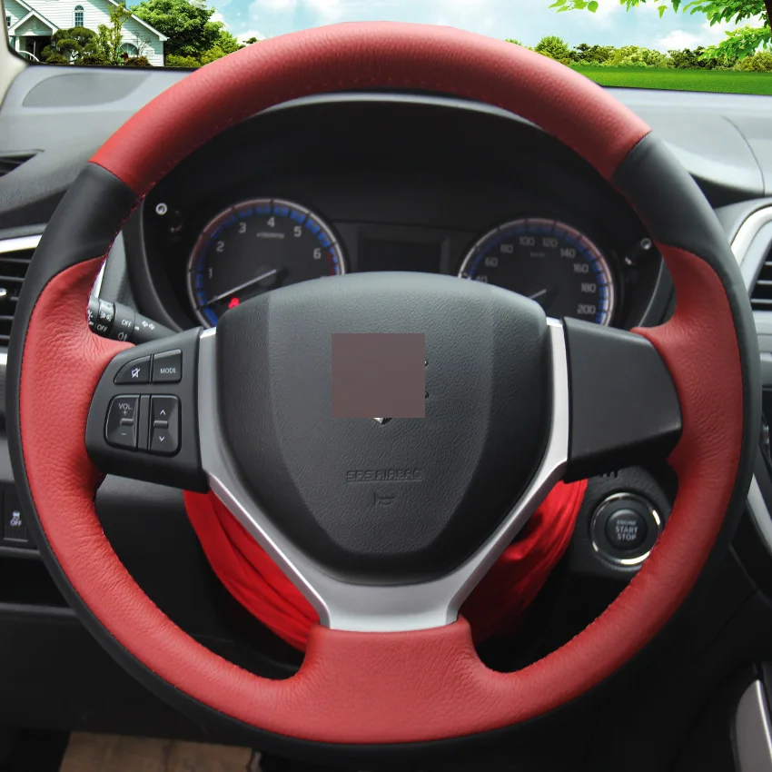 New Black Red Genuine Leather DIY Hand stitched Steering Wheel Cover