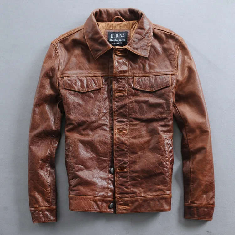 Итальянская винтажная приталенная кожаная куртка, Мужская однобортная кожаная байкерская куртка для мужчин, коричневая Мужская Короткая Повседневная мотоциклетная куртка