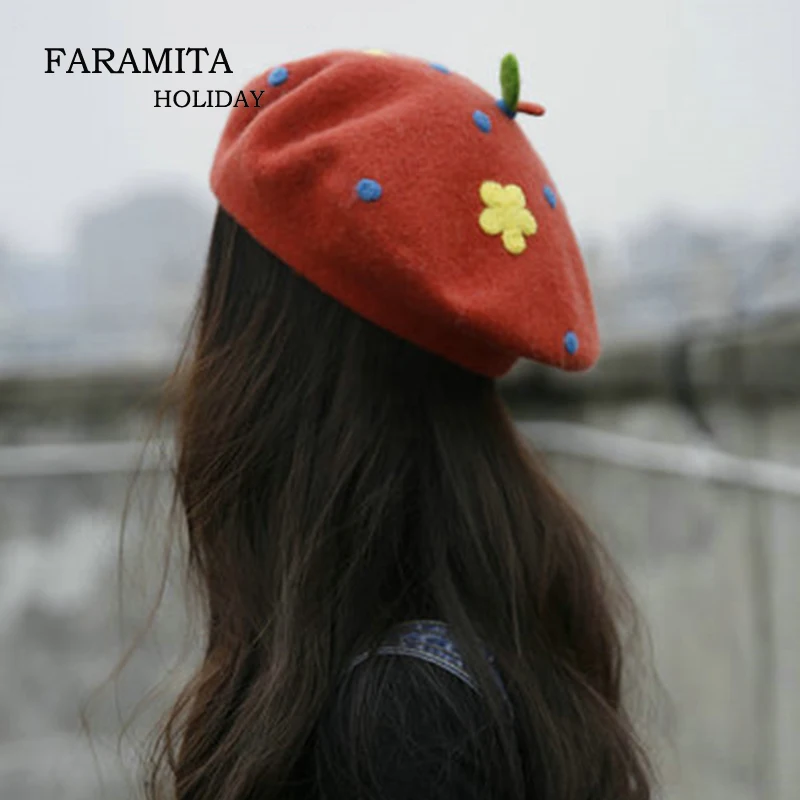 

Faramita Holiday Colorful Flowers Women Girls Hand-made Cute Wool Felt Berets Ladies Hat Cap Beret Manual Novelty Hats Spring