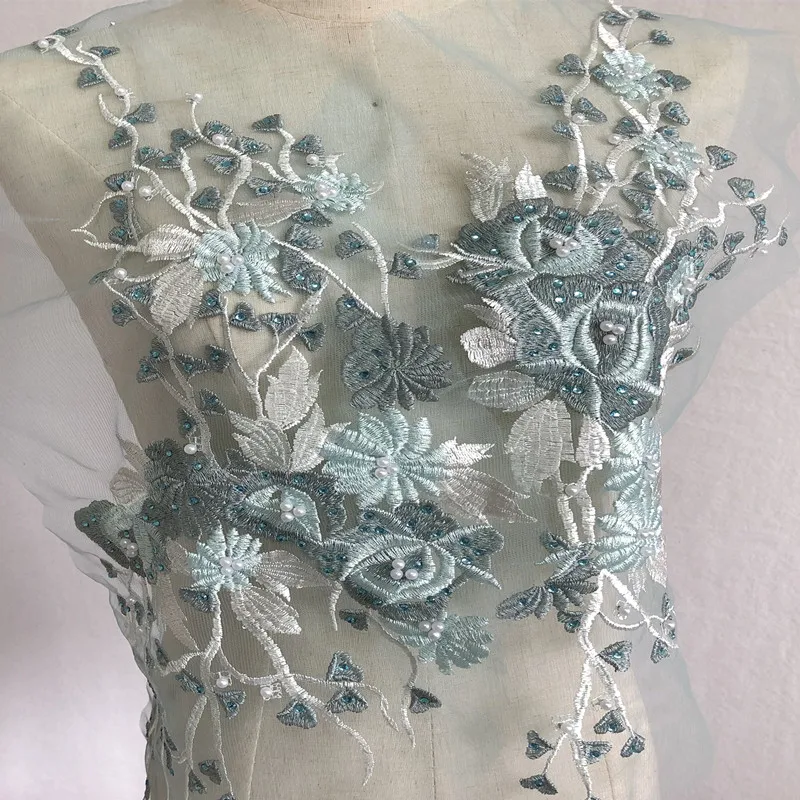 

SASKIA 1Pair Blue Flower Bead Patches Crystal Mesh Embroidery African Lace Applique Sewing On Clothes Wedding Dress Patch Diy