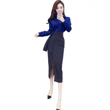 

New Arrival Fashion Women Spring Two Piece Set Female Shirt + Split Long Skirt Tracksuit Femme Vintage Slim Sets Clothes F159