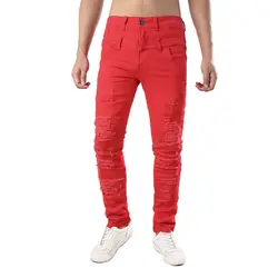 Для мужчин стрейч Slim Fit джинсы для женщин Мода Плиссированные Лоскутная рваные байкерские джинсы мотоцикл эластичные узкие рваные