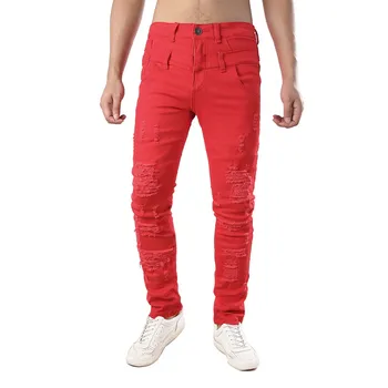 

Men's Stretch Slim Fit Jeans Fashion Pleated Patchwork Hole Biker Jeans Motorcycle Elastic Skinny Ripped Trousers Black