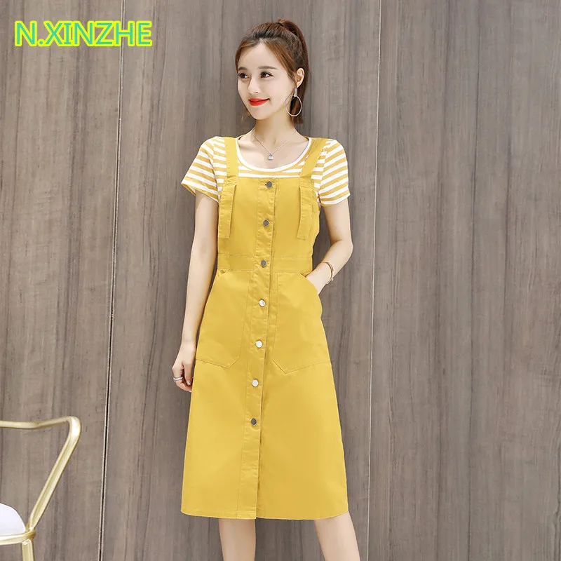 

2019 women clothing sets short sleeve striped T-Shirt + Overalls Dresses 2 pieces Female casual fashion slim pure cotton suits
