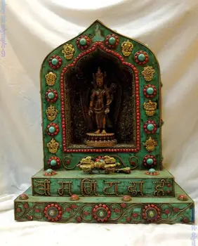 

15" China Tibet gilt copper inlay turquoise Kwan-yin shrine Sculpture Statue