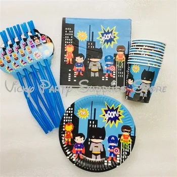 

50pcs/lot Cartoon Super Hero Theme Batman Iron Man Disposable Party Tableware Set Cup Napkins Plate Baby Shower Party Supplies