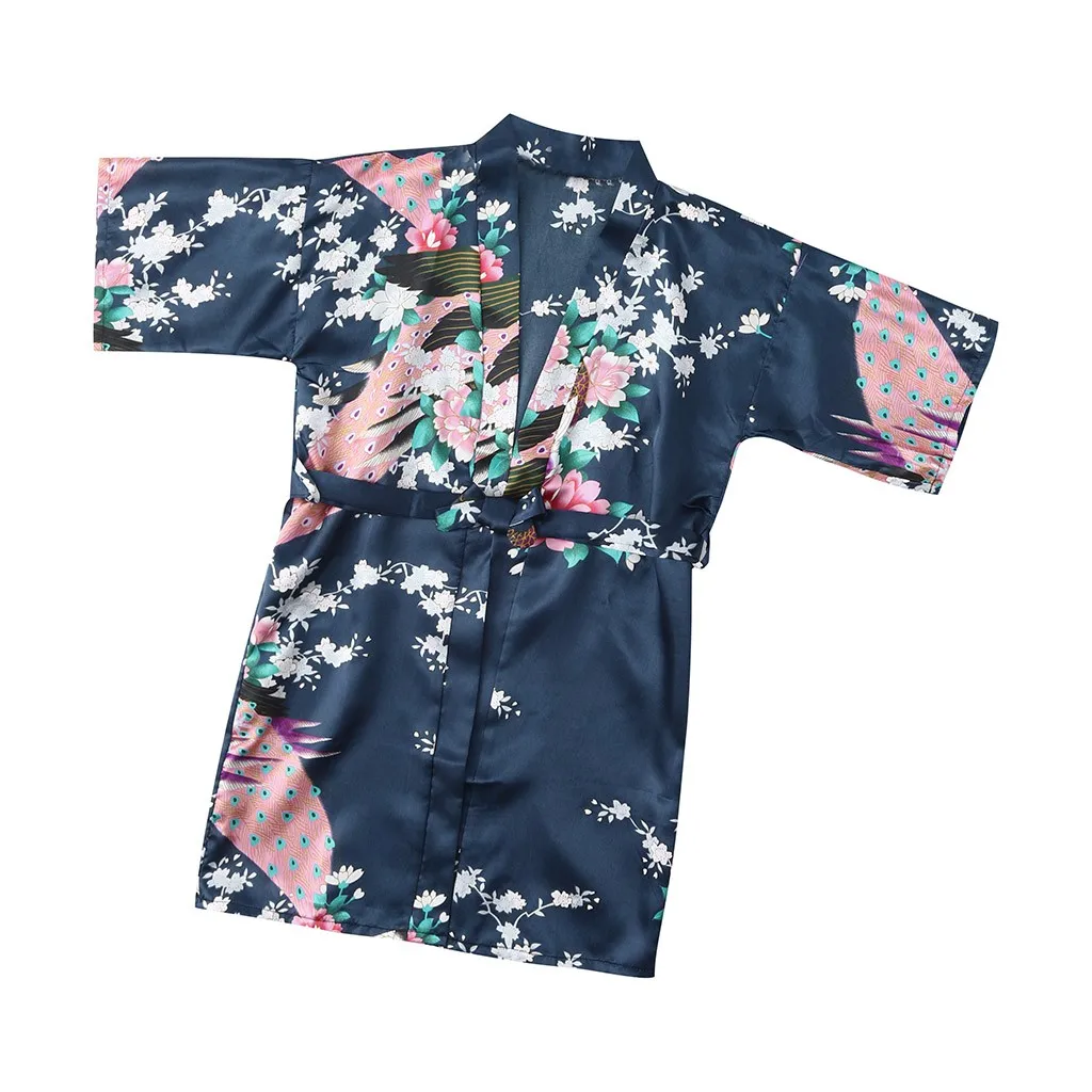 Детский банный халат, одежда для малышей Детская одежда для девочек с цветочным рисунком Шелковый атласное кимоно; наряд, одежда для сна, разноцветная одежда, подходящий для детей обоих полов, roupao infantil - Цвет: Navy