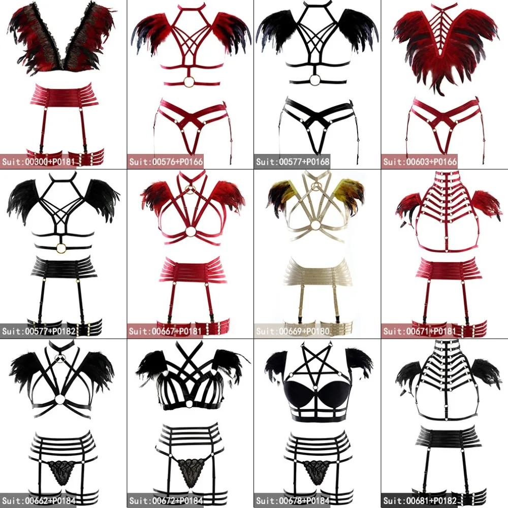 

Feather Body Harness for Women Bra Set Plus Size Elastic Garter Belts Steampunk Gothic Underwear Crop Top Art Dance Clothing