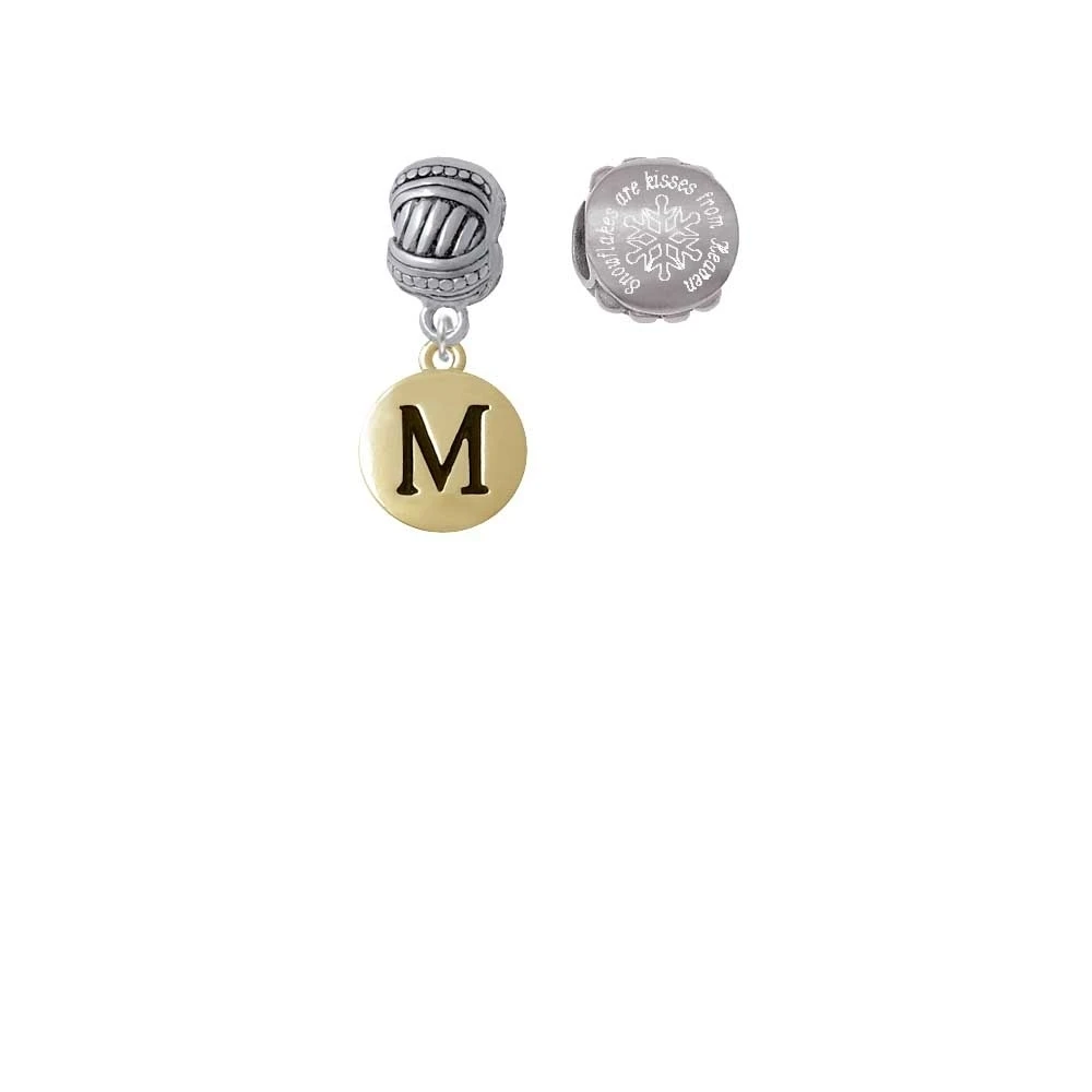 Goldtone Capital Letter - M - Pebble Disc - Snowflakes are Kisses from Heaven Charm Beads (Set of 2)