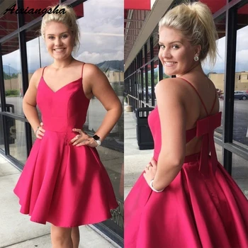 

Hot Pink Prom Dresses Satin Spaghetti Strap Backless A Line Short Evening Gowns 2019 New Custom Made Girl Graduation Dresses