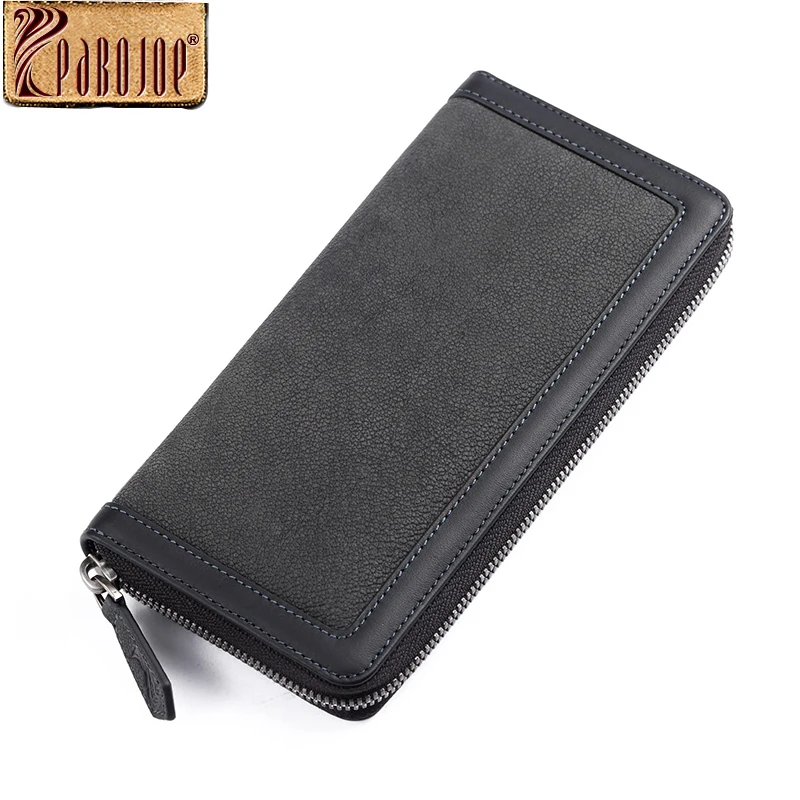 Pabojoe Luxury Designer Brand Genuine Leather Men Wallets Zipper Long Clutch Purse Business Male Wallet Black