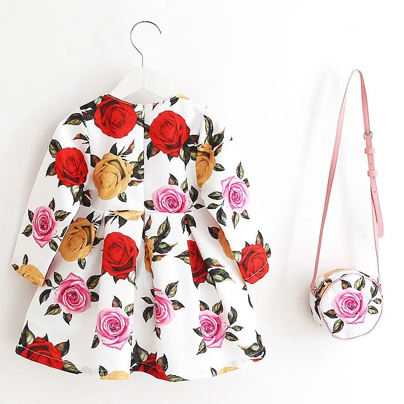 Long Sleeve Dress Girl Christmas Dress 2021 Autumn Winter Floral Print Toddler Girl Dresses Kids Clothes Children Dress with Bag cute baby dresses