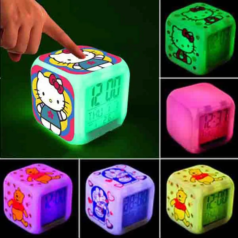 Новый Лидер продаж, рисунок «Hello Kitty» светящийся Led 7 цветов изменения цифровой сигнал Настроение Часы, многофункциональных музыки led