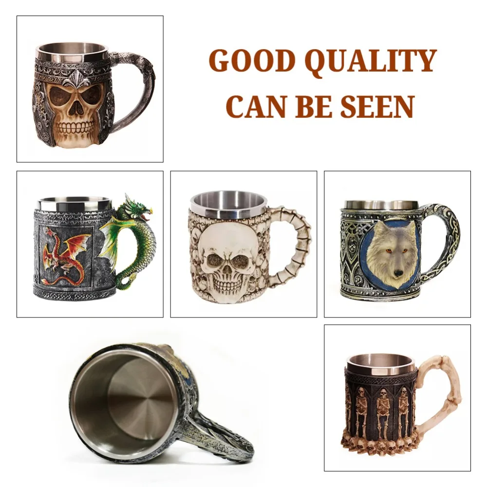 

1Pcs 3D Stereo Cup Mug 301-400ml Skull Gothic Style Halloween Decoration resin stainless steel Skeleton Cup Beer Stein Man Gift