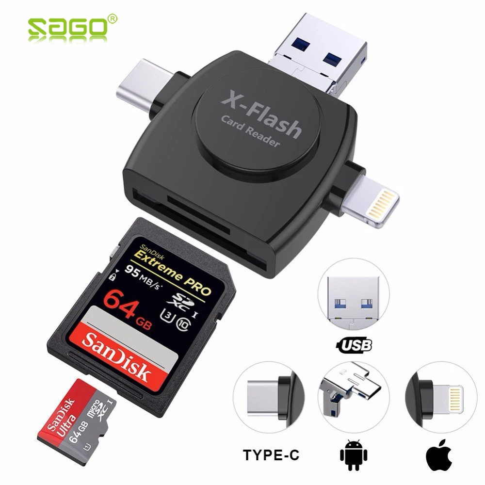 

Sago 4 in 1 Type-c/Lightning/Micro USB/ Card Reader Micro SD Card Reader for iPhone/iPad/Android/Mac/PC with OTG Function