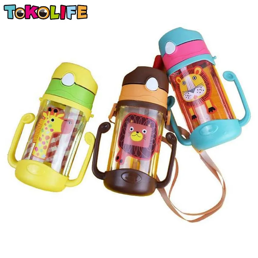 High Quality 400ml Cute Cartoon Water Bottle Lion Animal Kids Straw