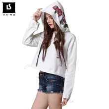 Весенне-осенняя укороченная футболка с длинными рукавами и завязками и капюшоном, Женская Высококачественная футболка с вышивкой из хлопка, Короткие топы, уличная футболка