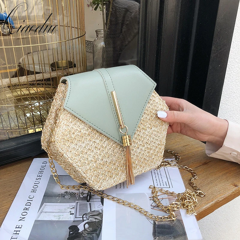 

Hexagon Style Straw+leather Shoulder Bag Women Summer Rattan Bag Handmade Woven Beach Circle Bohemia Fashion chain Crossbody bag