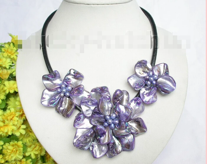 

purple pearl seashell choker leather necklace j7463@^Noble style Natural Fine jewe FREE SHIPPING