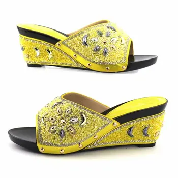 

Most popular yellow women pumps with rhinestone and big crystal decoration for dress african shoes V1007-17
