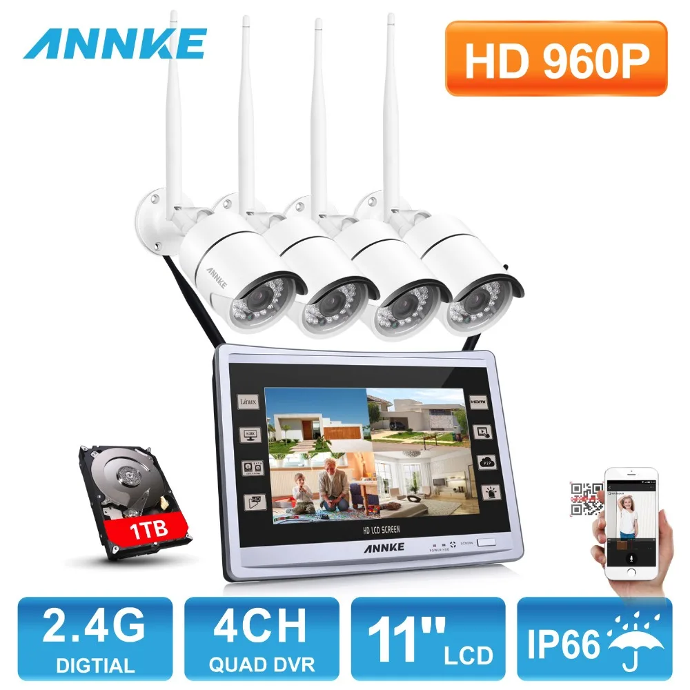 

ANNKE 960P Wireless 11" Monitor 4CH NVR 1.3MP Day Night Security Camera System With 1TB Hard Drive Outdoor Weatherproof Housing