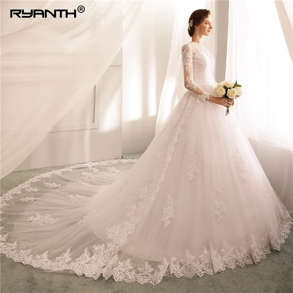 Robe De Mariage Элегантный Sheer длинным рукавом кружева линии Свадебные платья 2019 кнопки платье невесты подвенечные свадебные платья