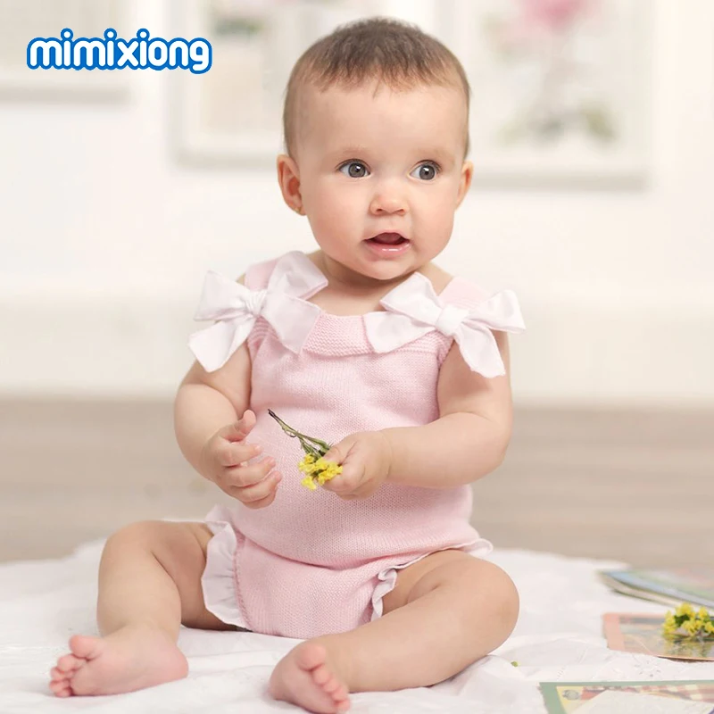Baby Girls Summer Onesie Pink Bowknot Toddler Princess Bodysuit Birthday Party Newborn Infant Overalls Knit Children’s Jumpsuits