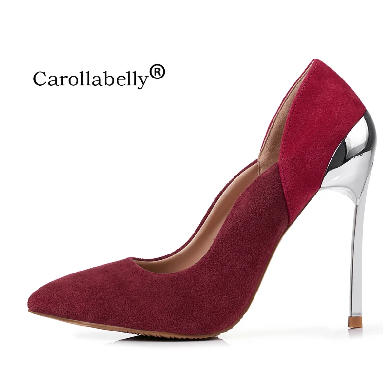 Autumn Suede Leather Women Pumps 10cm or 12cm High Heels Mix Color Mental Heel Wedding Party Shoes Size 33-43