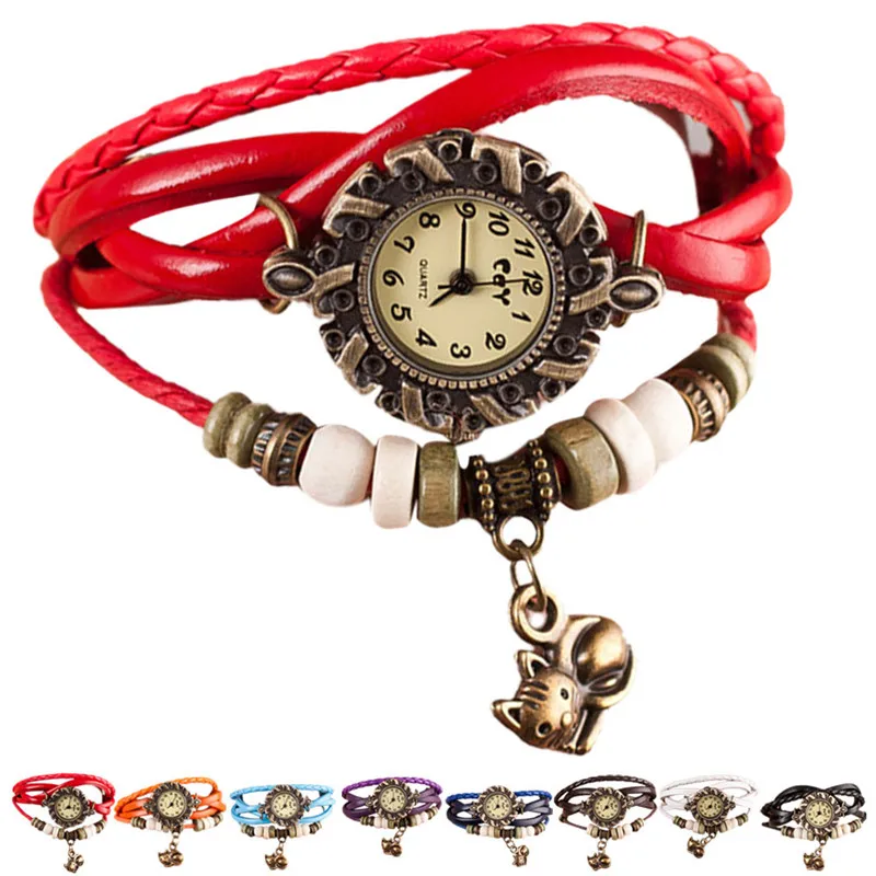 Ladies Quartz font b Watch b font Gift Female Clock Fashion Weave Around Leather Cat Bracelet