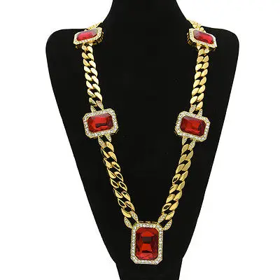 

MCSAYS Men Jewelry Necklace Hip Hop Cuba Chain Five Rubies Alloy Rhine stone Bling Gold/ Silver Color Necklace For Men Gifts 4GM