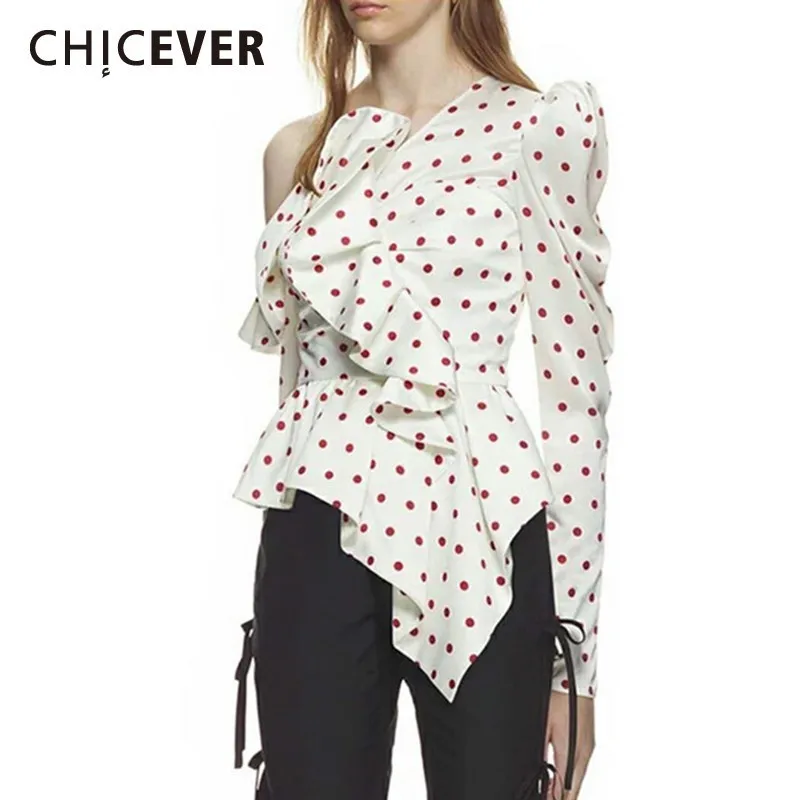 

CHICEVER Dot Print Irregular Shirt Female Off Shoulder Backless Ruffles Patchwork Puff Sleeve Pullover Blouse Spring Sexy Blouse