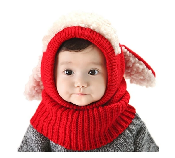 Новая зимняя шапка, милая детская кашемировая шапка с ушками щенка, шапка-шаль, 1 шт., зимний шарф, теплая Балаклава, шапка для мальчиков и девочек - Цвет: Красный