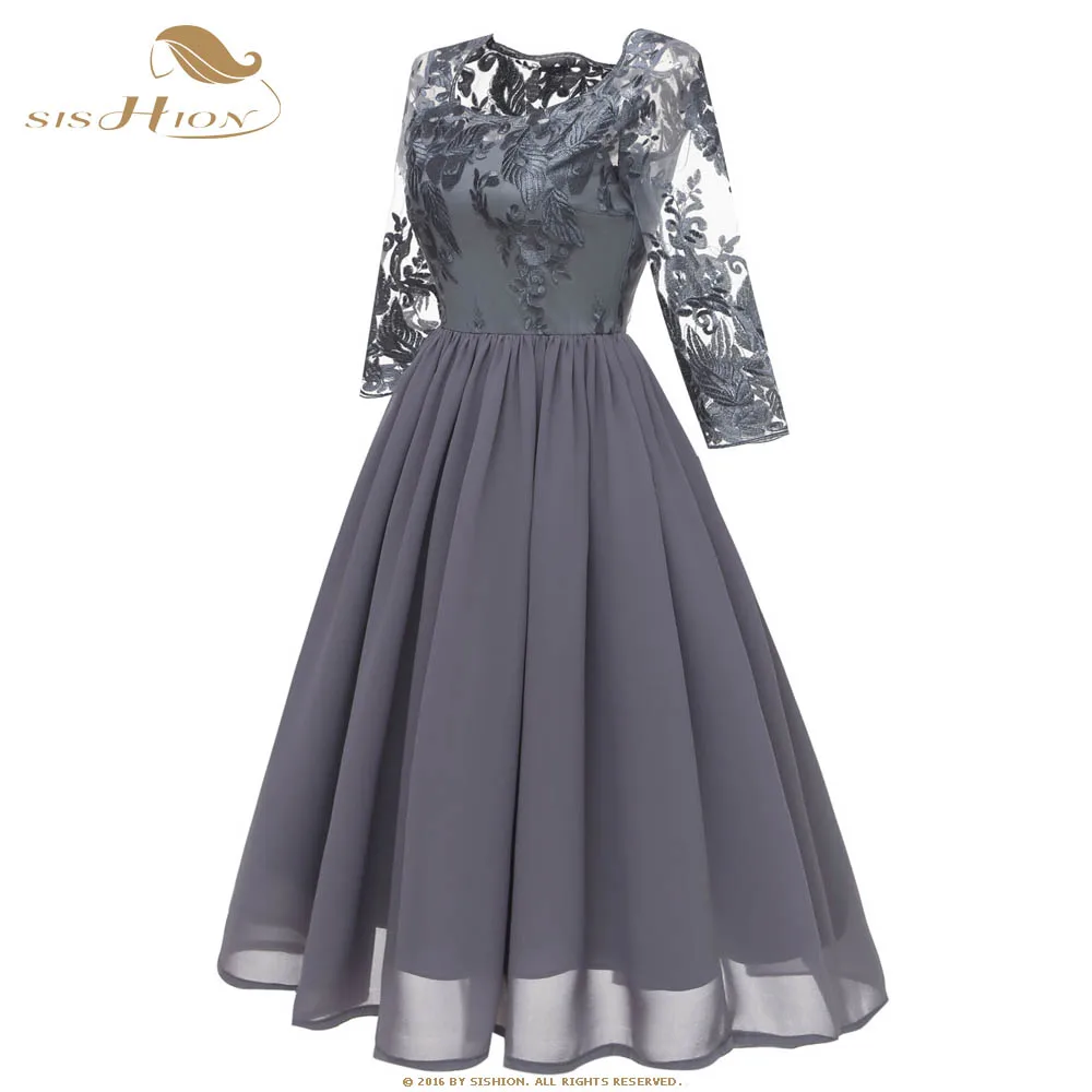 SISHION, элегантное шифоновое платье CD1663,, женское, весеннее, с рукавом 3/4, с вышивкой, кружевное, винтажное, вечерние, темно-синее, винно-красное, серое платье