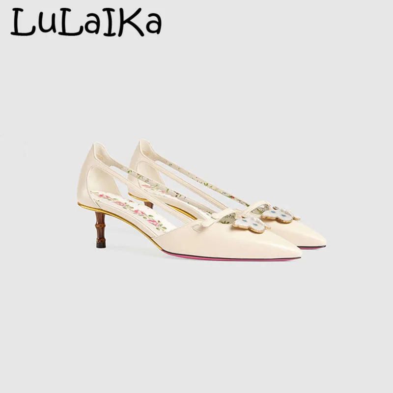 

2018 New Real Leather Pointed Toe Women's Pumps Sweet Butterfly with Crystal Printing Sole 5CM Fresh Style Woman Party High Heel