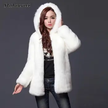 

Plus Size Winter Warm Faux Fur Coats Hood White Rabbit Hairy Furry jackets for women manteau femme fourrure colete de pele XXXL