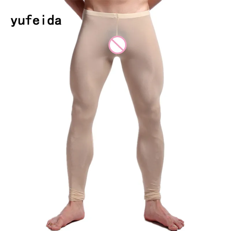 YUFEIDA сексуальные мужские Леггинсы подштанники брюки Soild мягкое компрессионное белье длинные штаны домашняя пижама подштанники - Цвет: Beige