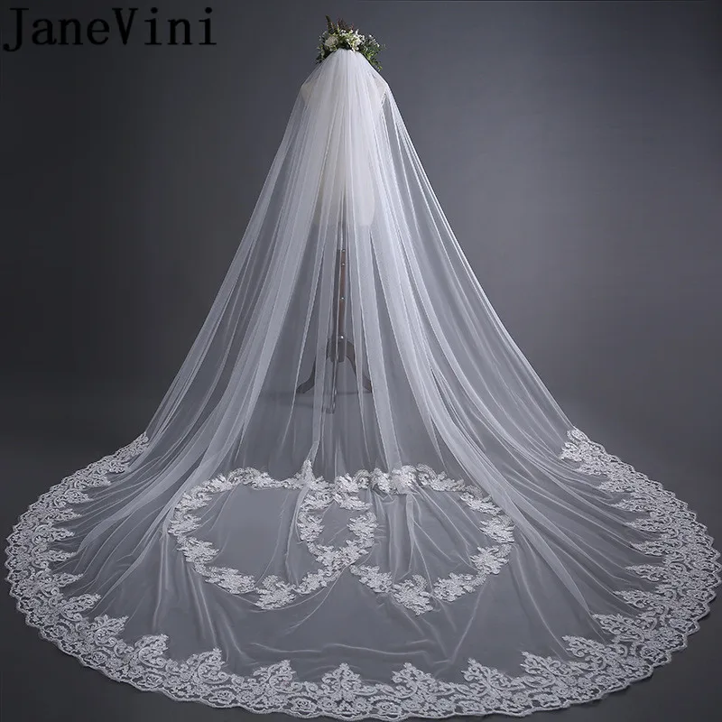 JaneVini One Layer Wedding Long Veils With Comb Lace Edge Bridal Veil Ivory Cathedrals Bruidssluier Met Kam Van 3 Meter | Свадьбы и