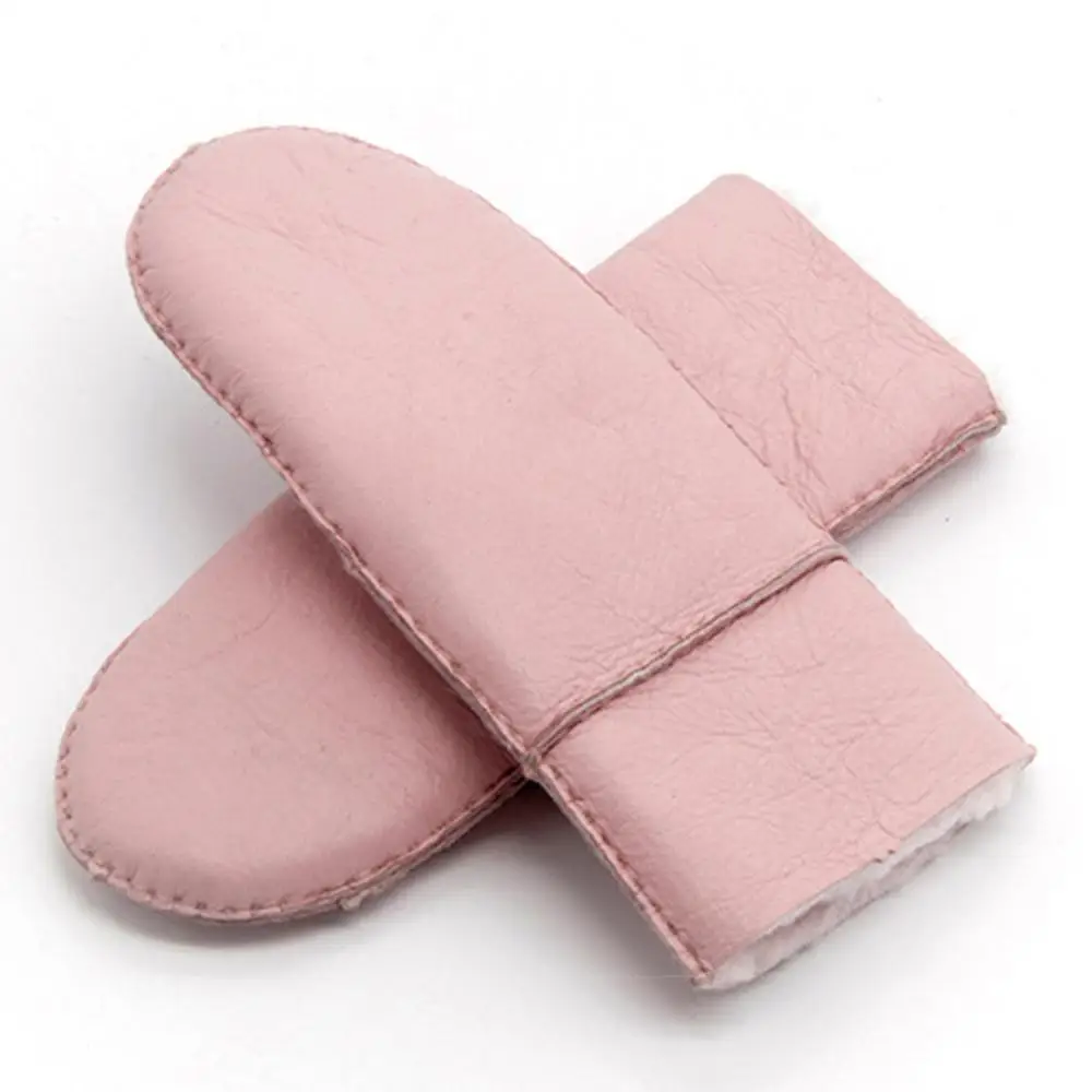 Зимние женские шерстяные перчатки, перчатки из натуральной кожи, женские меховые варежки, плотные теплые милые перчатки из овечьей кожи, уличные перчатки Guantes Mujer - Цвет: Pink