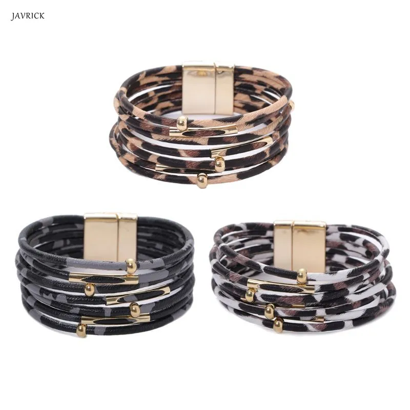 

Leopard Leather Memory Wire Bracelet Multilayer Wrap Wide Bracelet Women Jewelry