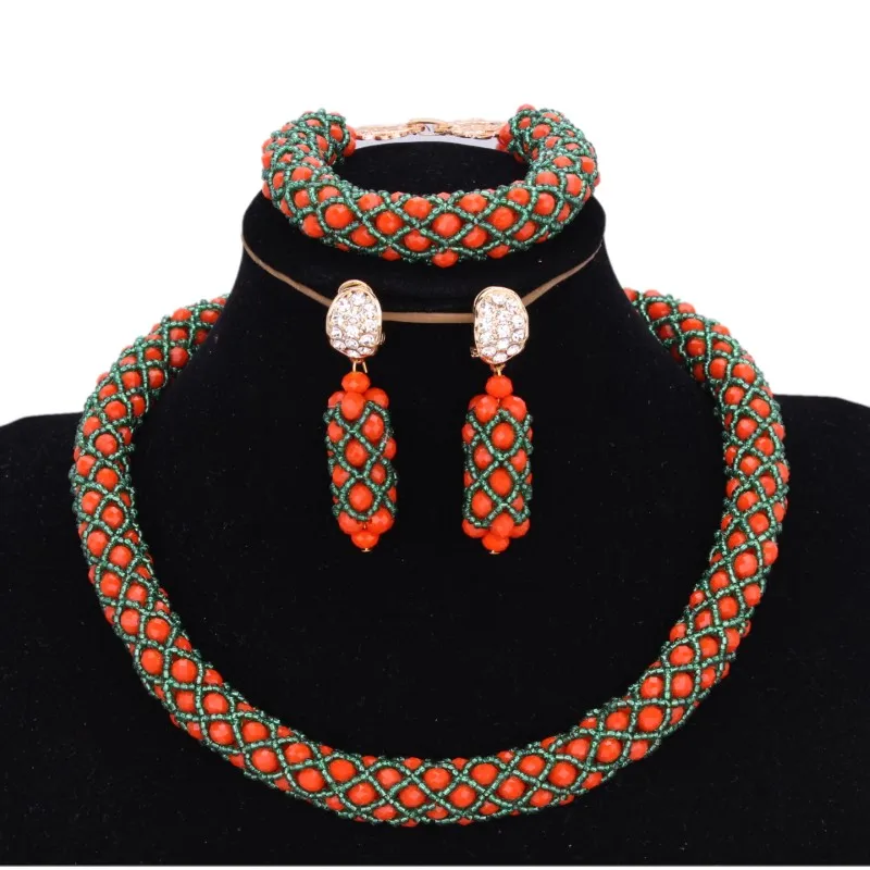 

Jewelry Sets Orange and Green African Bridal Beads Sets one Layer Costume Jewellery Sets For Women Free Shipping 2018 Necklace