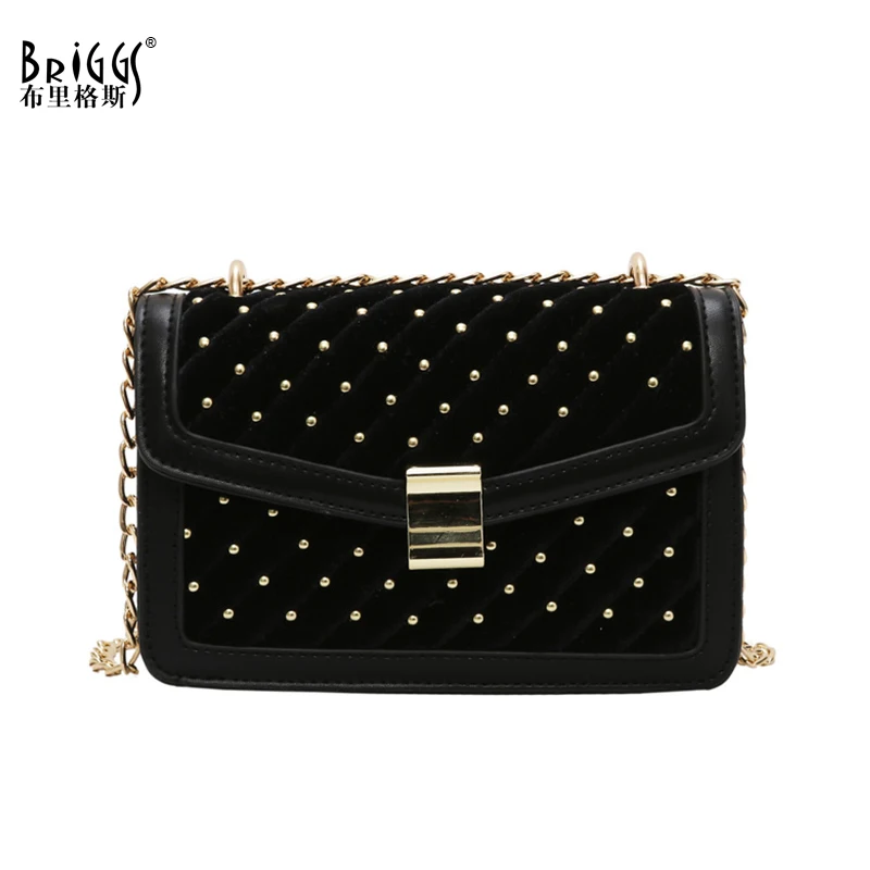

BRIGGS Fashion Women Bags Rivet Flap Leather Shoulder Bag Female Small Chains Crossbody Bags Plaid Velvet Luxury Women Handbags