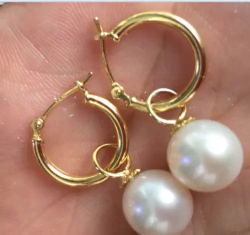 

9-10mm perfect round white Australia south sea pearl dangle earring 14K/20 GOLD