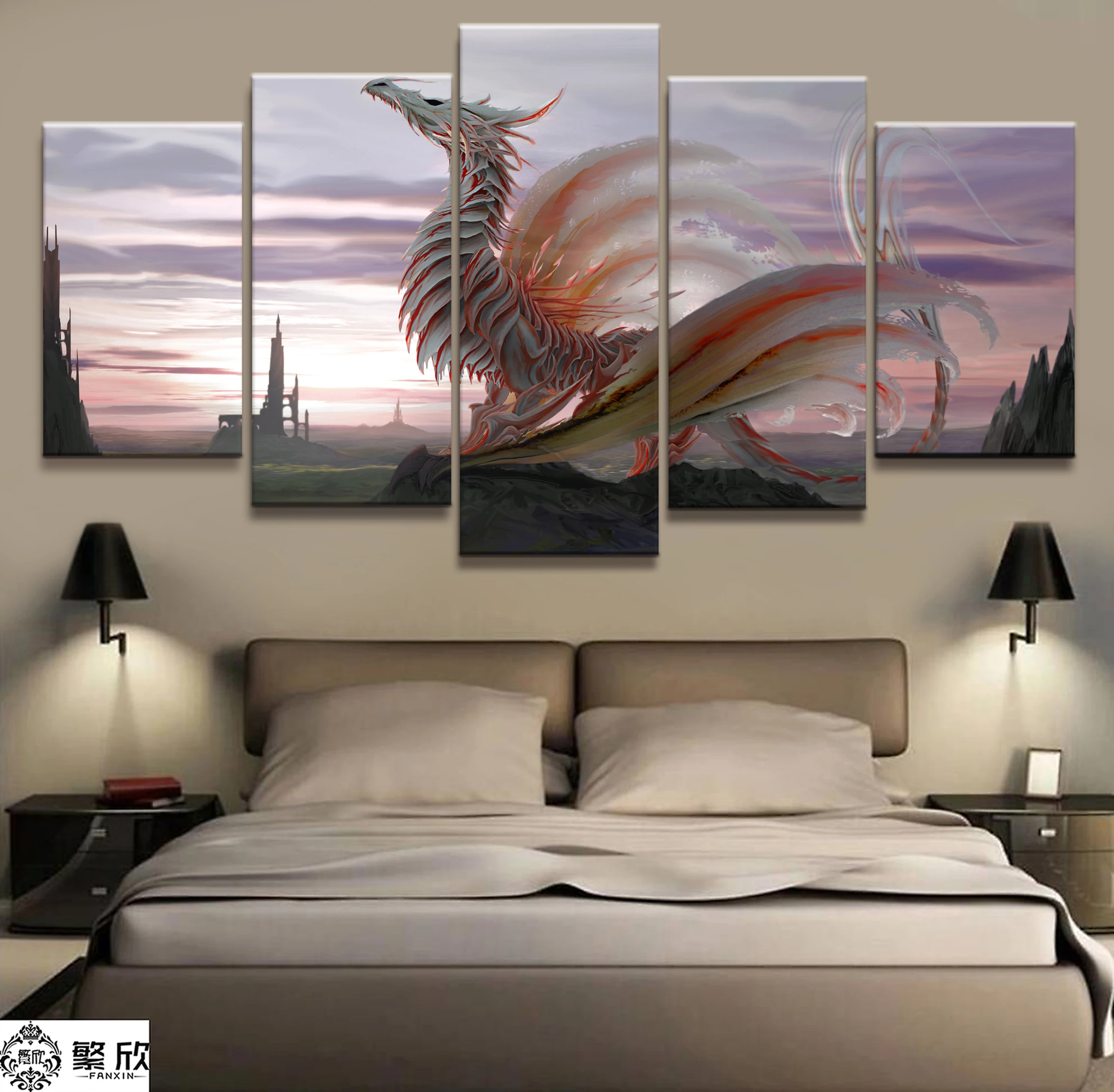 

Hot Sales Without Frame 5 Panels Picture Dazzling White Ancient Dragon Poster Artwork Wall Art Canvas Painting Wholesale