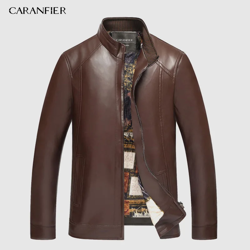 

CARANFIER Faux Leather Jacket Mens Winter Velvet Thick Jacket Male Middle-aged Leather Men's Fur Collar Detachable Men Clothing
