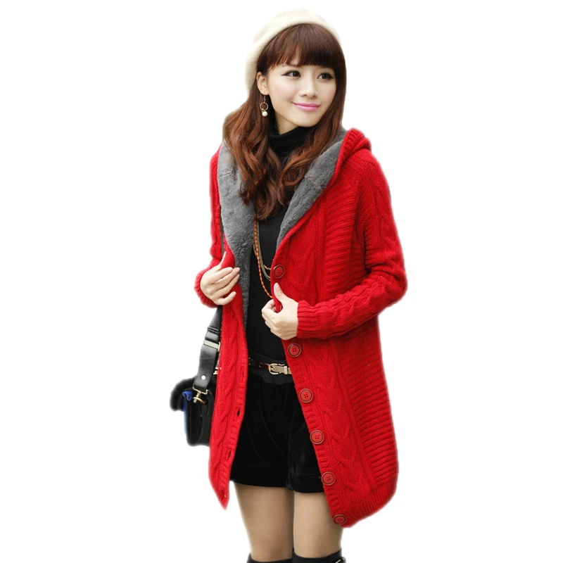

2018 New Winter Woman Hooded Cashmere With Velvet Cardigan Female Twist Button Plus Thick Velvet Warm Knitted Sweater Coat E79