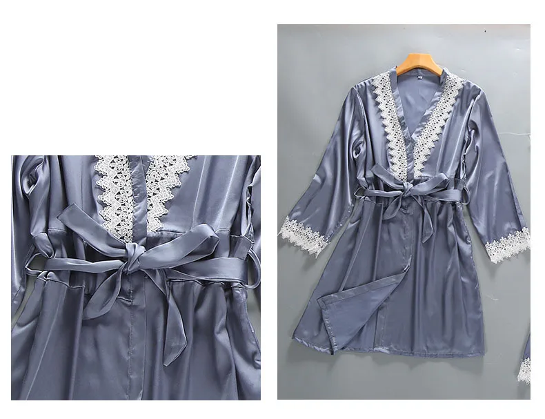 Queenral 4PCS Pajamas Set Satin Sleepwear Female With Chest Pads Long Sleeve Summer Home Clothing Pijama Nightwear Robe Pyjamas 457