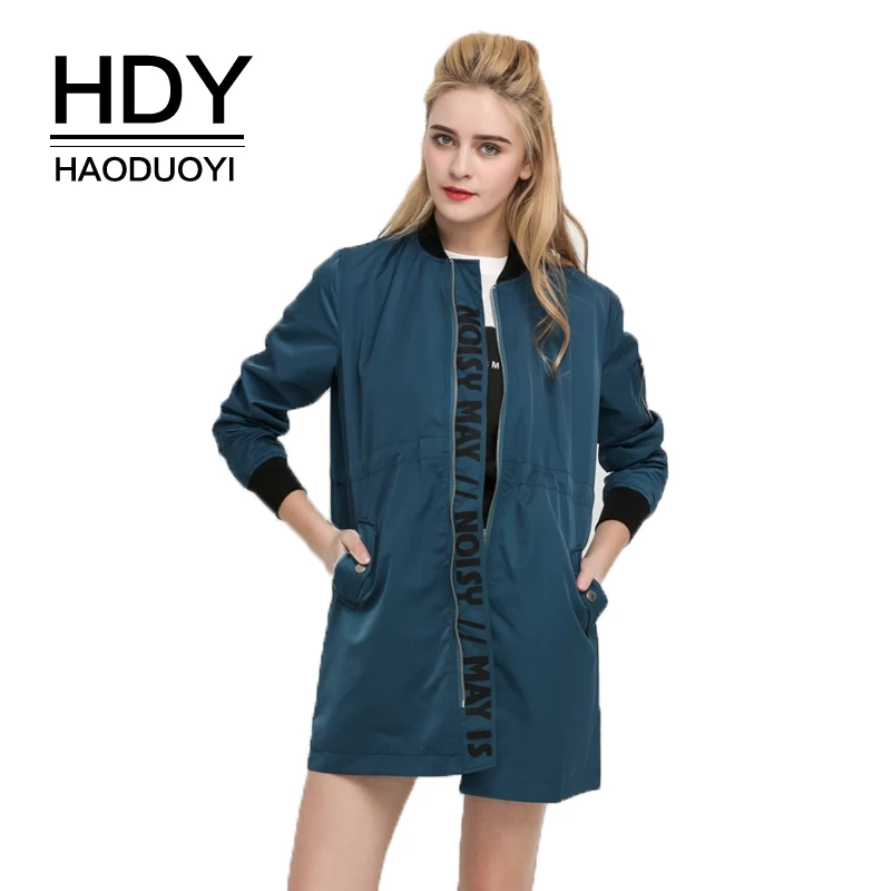

HDY Haoduoyi Casual Long Style Women Jackets Zipper Pockets Wide-waisted Stand Collar Female Outwears Solid Blue Lady Coats